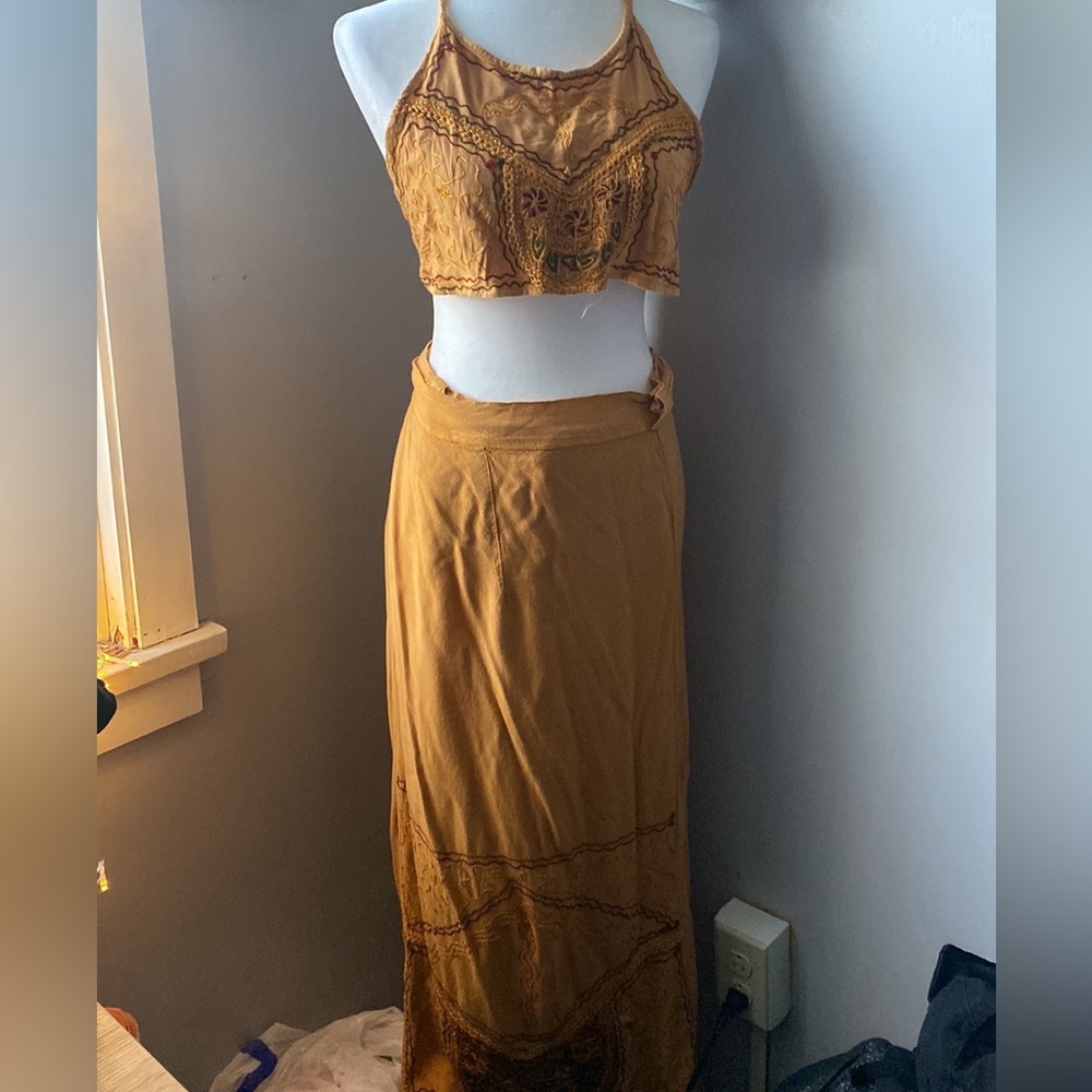 Brown Embroidery Cropped Tank with Wrap around Skirt